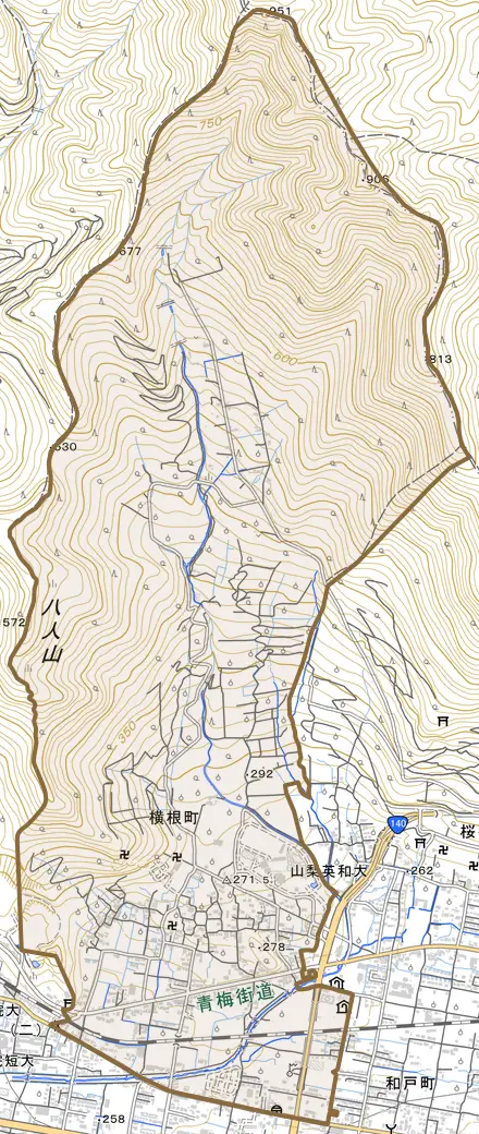 横根町とその周辺の地図。町の範囲を重ねている