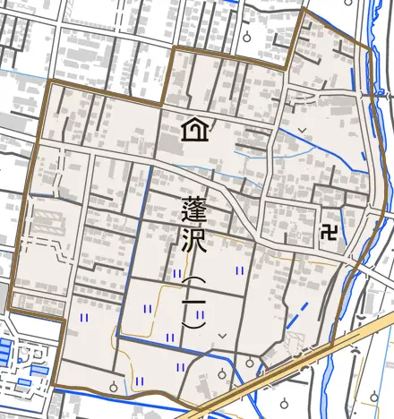 蓬沢とその周辺の地図。町の範囲を重ねている