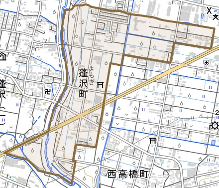 蓬沢町とその周辺の地図。町の範囲を重ねている