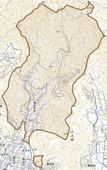 善光寺町とその周辺の地図。町の範囲を重ねている