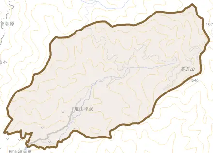 塩山平沢とその周辺の地図。町の範囲を重ねている