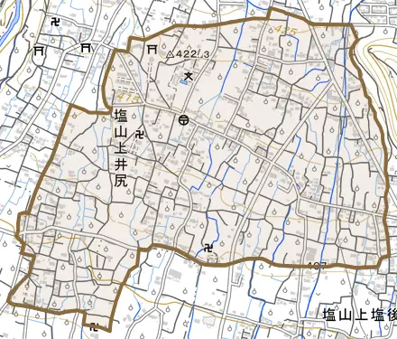 塩山上井尻とその周辺の地図。町の範囲を重ねている