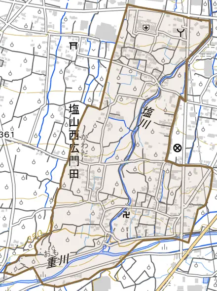 塩山西広門田とその周辺の地図。町の範囲を重ねている