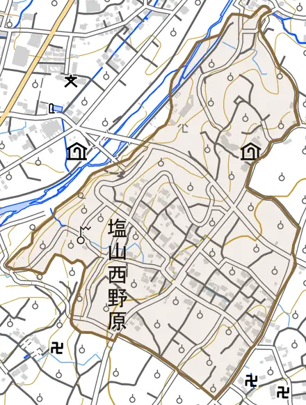 塩山西野原とその周辺の地図。町の範囲を重ねている