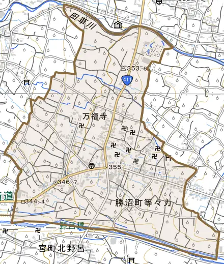 勝沼町等々力とその周辺の地図。町の範囲を重ねている