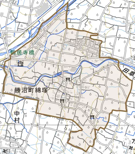 勝沼町綿塚とその周辺の地図。町の範囲を重ねている