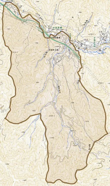 大和町日影とその周辺の地図。町の範囲を重ねている