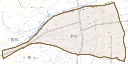 有野とその周辺の地図。町の範囲を重ねている