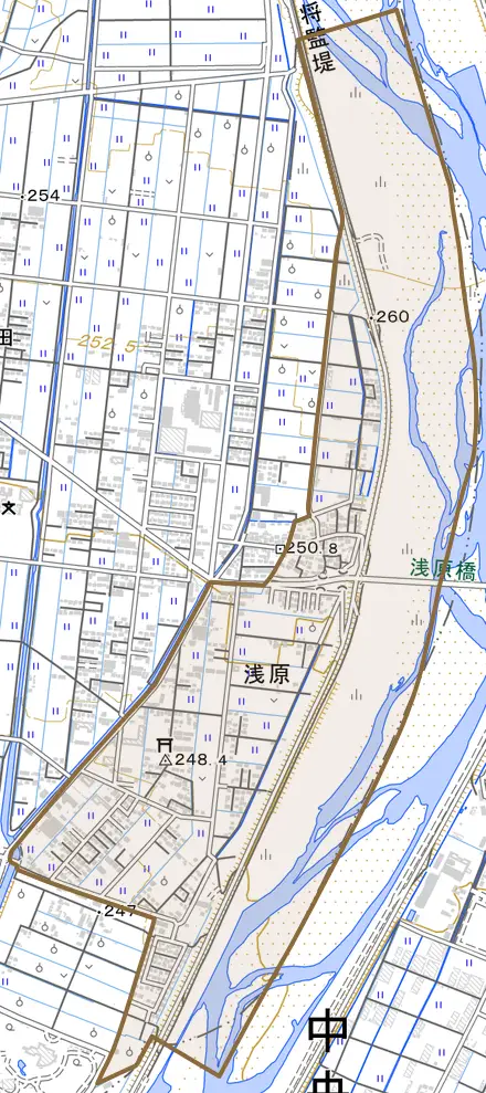 浅原とその周辺の地図。町の範囲を重ねている