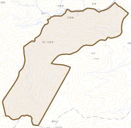 芦安安通とその周辺の地図。町の範囲を重ねている