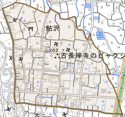 鮎沢とその周辺の地図。町の範囲を重ねている