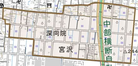 大師とその周辺の地図。町の範囲を重ねている