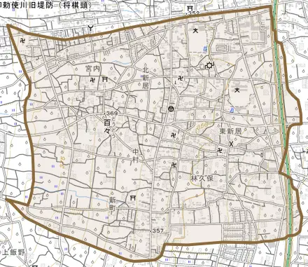 百々とその周辺の地図。町の範囲を重ねている