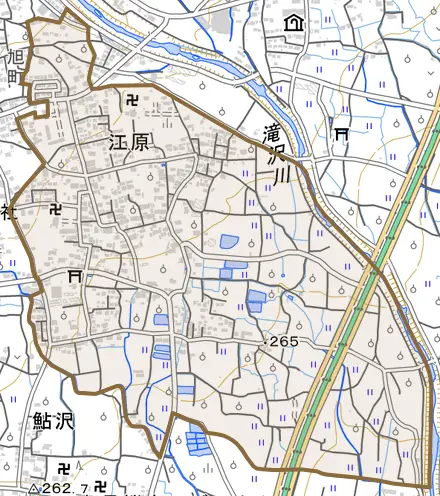 江原とその周辺の地図。町の範囲を重ねている
