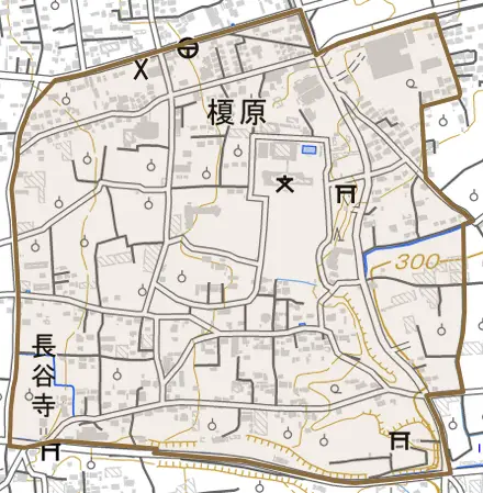 榎原とその周辺の地図。町の範囲を重ねている