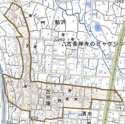 古市場とその周辺の地図。町の範囲を重ねている