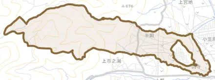 平岡とその周辺の地図。町の範囲を重ねている