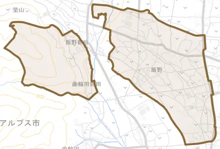 飯野とその周辺の地図。町の範囲を重ねている