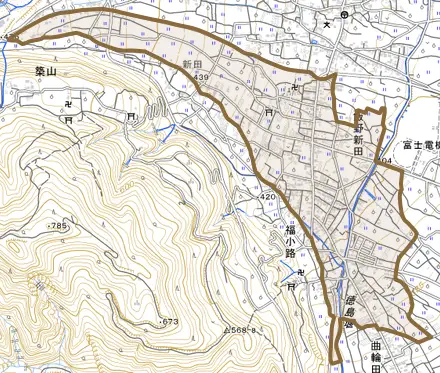 飯野新田とその周辺の地図。町の範囲を重ねている