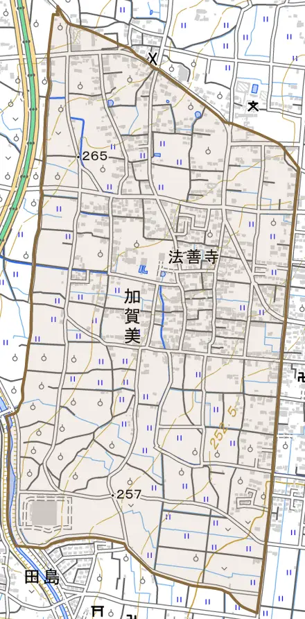 加賀美とその周辺の地図。町の範囲を重ねている