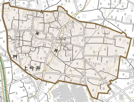 上今井とその周辺の地図。町の範囲を重ねている
