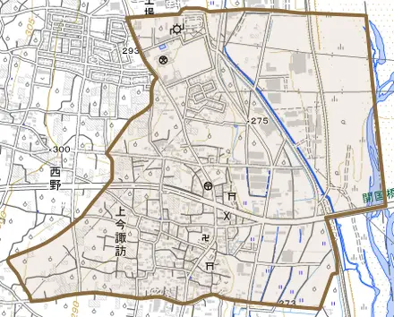 上今諏訪とその周辺の地図。町の範囲を重ねている