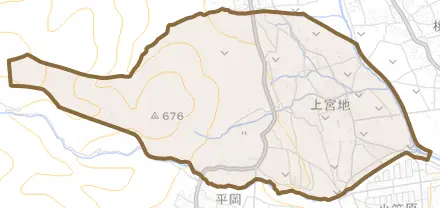 上宮地とその周辺の地図。町の範囲を重ねている