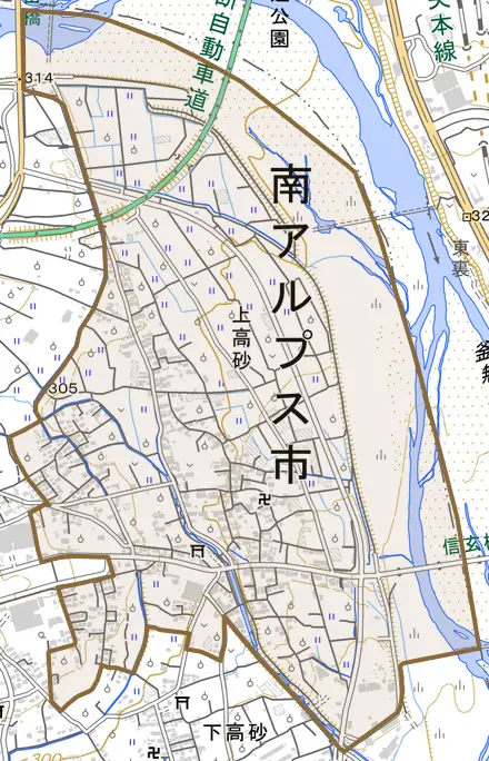 上高砂とその周辺の地図。町の範囲を重ねている