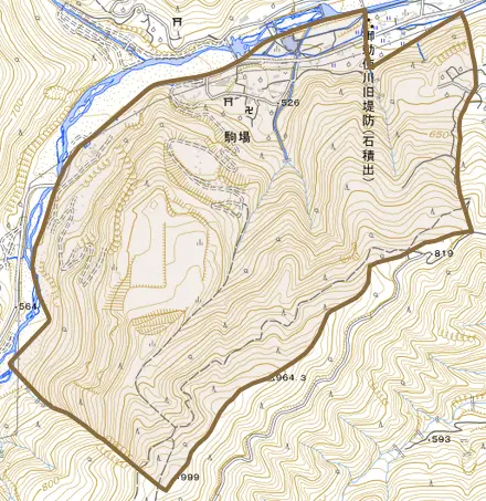 駒場とその周辺の地図。町の範囲を重ねている