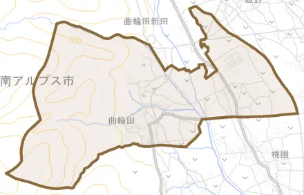 曲輪田とその周辺の地図。町の範囲を重ねている