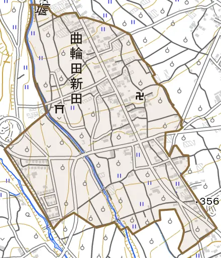 曲輪田新田とその周辺の地図。町の範囲を重ねている