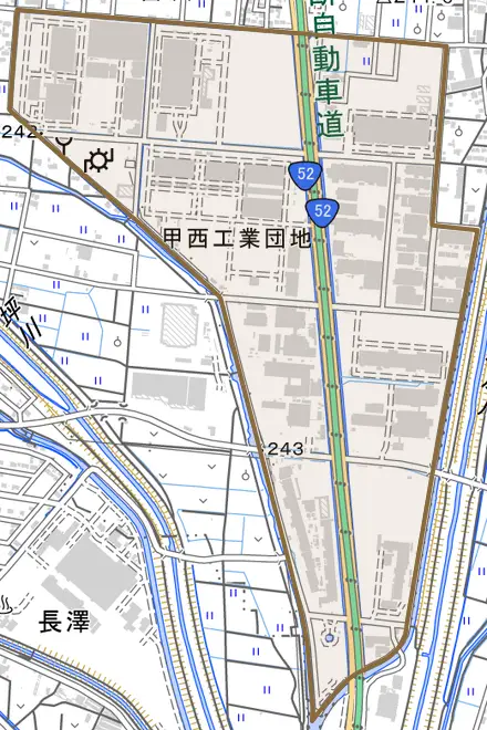 宮沢とその周辺の地図。町の範囲を重ねている