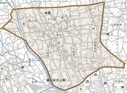 桃園とその周辺の地図。町の範囲を重ねている
