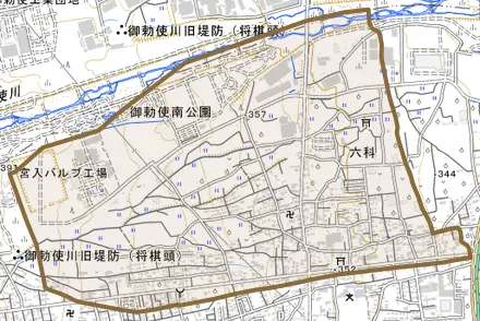 六科とその周辺の地図。町の範囲を重ねている
