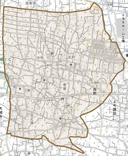 西野とその周辺の地図。町の範囲を重ねている