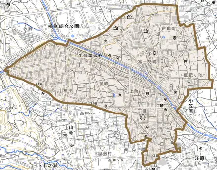 小笠原とその周辺の地図。町の範囲を重ねている