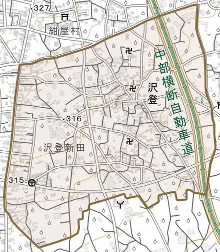 沢登とその周辺の地図。町の範囲を重ねている