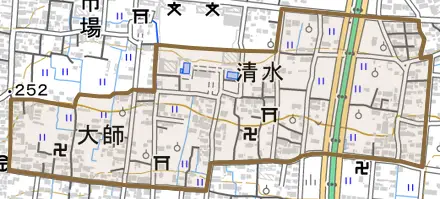 清水とその周辺の地図。町の範囲を重ねている
