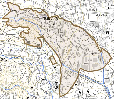 下市之瀬とその周辺の地図。町の範囲を重ねている
