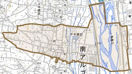 下今諏訪とその周辺の地図。町の範囲を重ねている