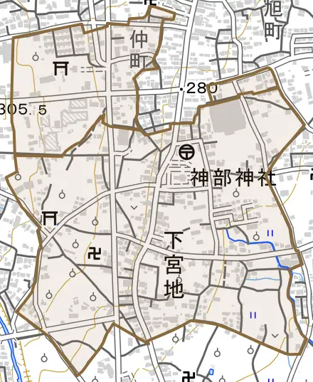 下宮地とその周辺の地図。町の範囲を重ねている