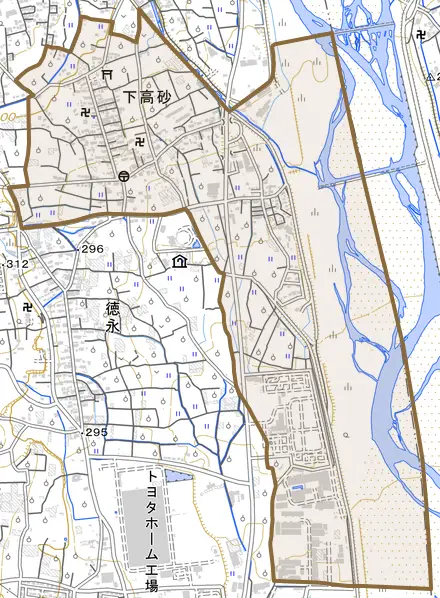 下高砂とその周辺の地図。町の範囲を重ねている