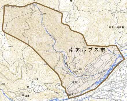 塩前とその周辺の地図。町の範囲を重ねている