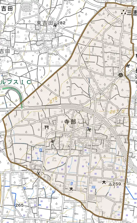 寺部とその周辺の地図。町の範囲を重ねている