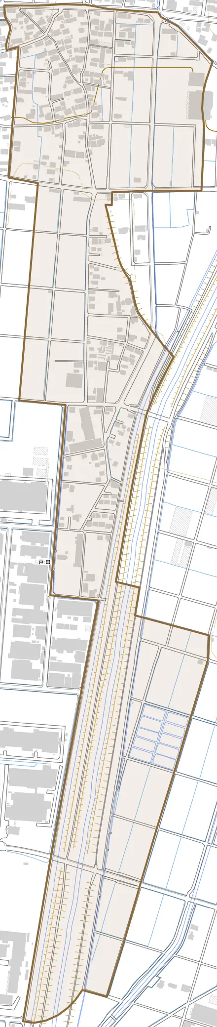 戸田とその周辺の地図。町の範囲を重ねている