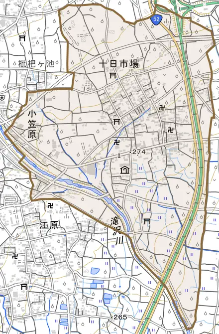 十日市場とその周辺の地図。町の範囲を重ねている