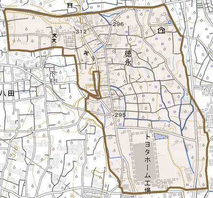 徳永とその周辺の地図。町の範囲を重ねている