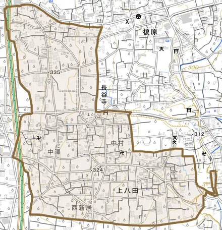 上八田とその周辺の地図。町の範囲を重ねている