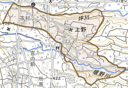 上野とその周辺の地図。町の範囲を重ねている