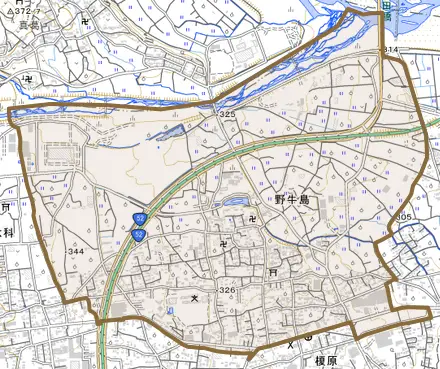 野牛島とその周辺の地図。町の範囲を重ねている